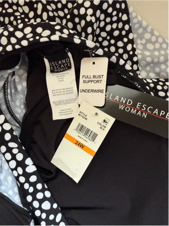 Island Escape 24W Plus Size Black & White Polka-Dot Halter Back Tankini NWT