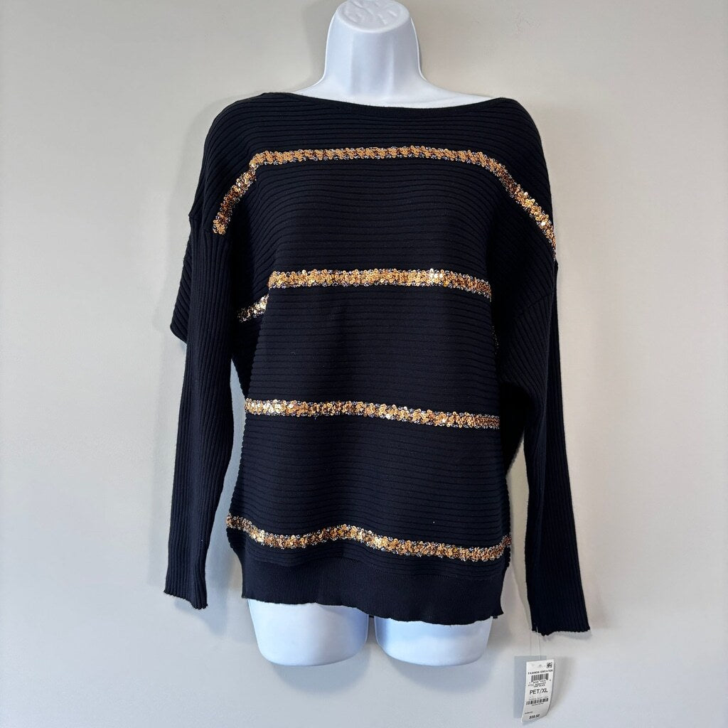 JM Collection Extra Large Petite Gold Sequined Stripe Black Ribbed Sweater NWT