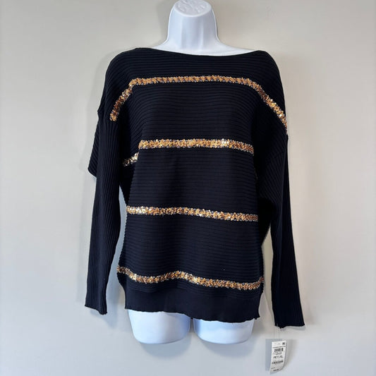JM Collection Extra Large Petite Gold Sequined Stripe Black Ribbed Sweater NWT