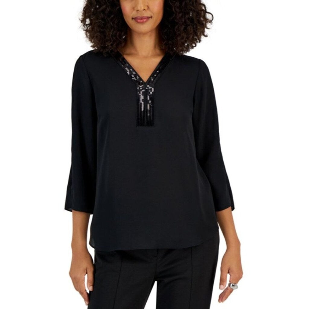JM Collection Petite Small Black Sequined-Trimmed Y-Neck 3/4-Sleeve Top NWT