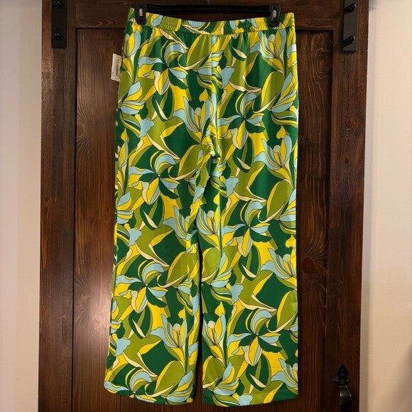 Bar III Women's XL Floral-Print Bright Green High-Rise Pull-On Satin Pants NWT