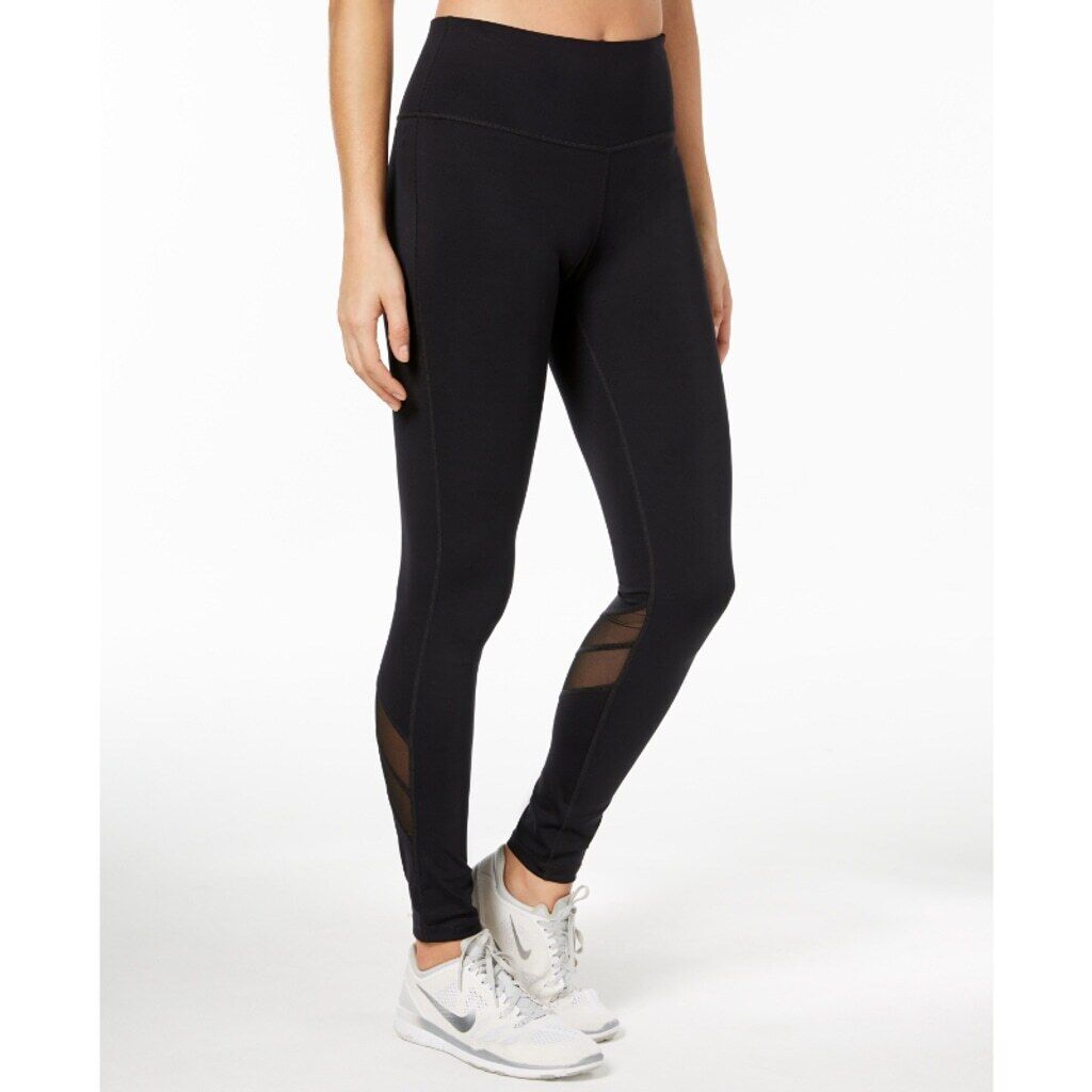 Ideology Women's XS Black Mesh-Trimmed Rapid-Dry Leggings NWT
