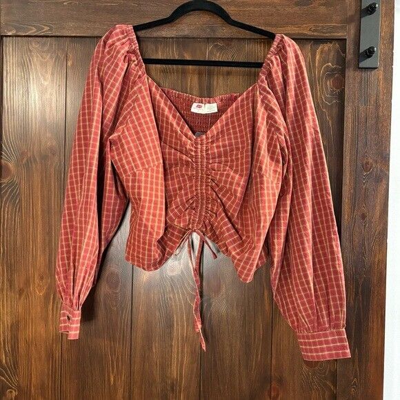 LEVI'S Trendy Plus Size Devin Cotton Red Plaid Ruched Balloon-Sleeve Top NWT