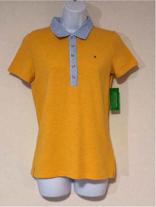 Tommy Hilfiger Extra Small Yellow & Striped-Collar Polo Short Sleeve Top NWT