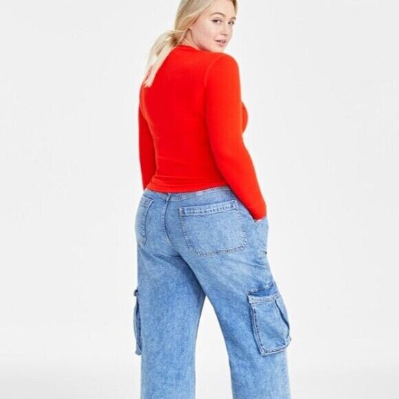 On 34th Plus Size Bright Orange Ribbed Long-Sleeve Henley Top NWT