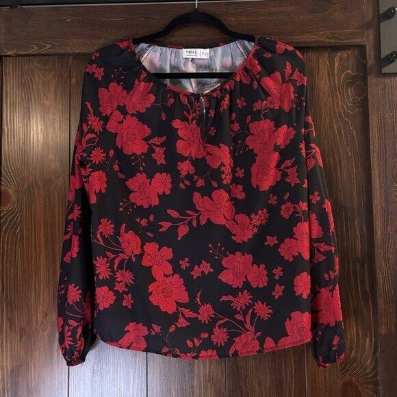 Tinsel Petite PXS Black & Red Floral Front-Keyhole Blouson-Sleeve Blouse/Top NWT