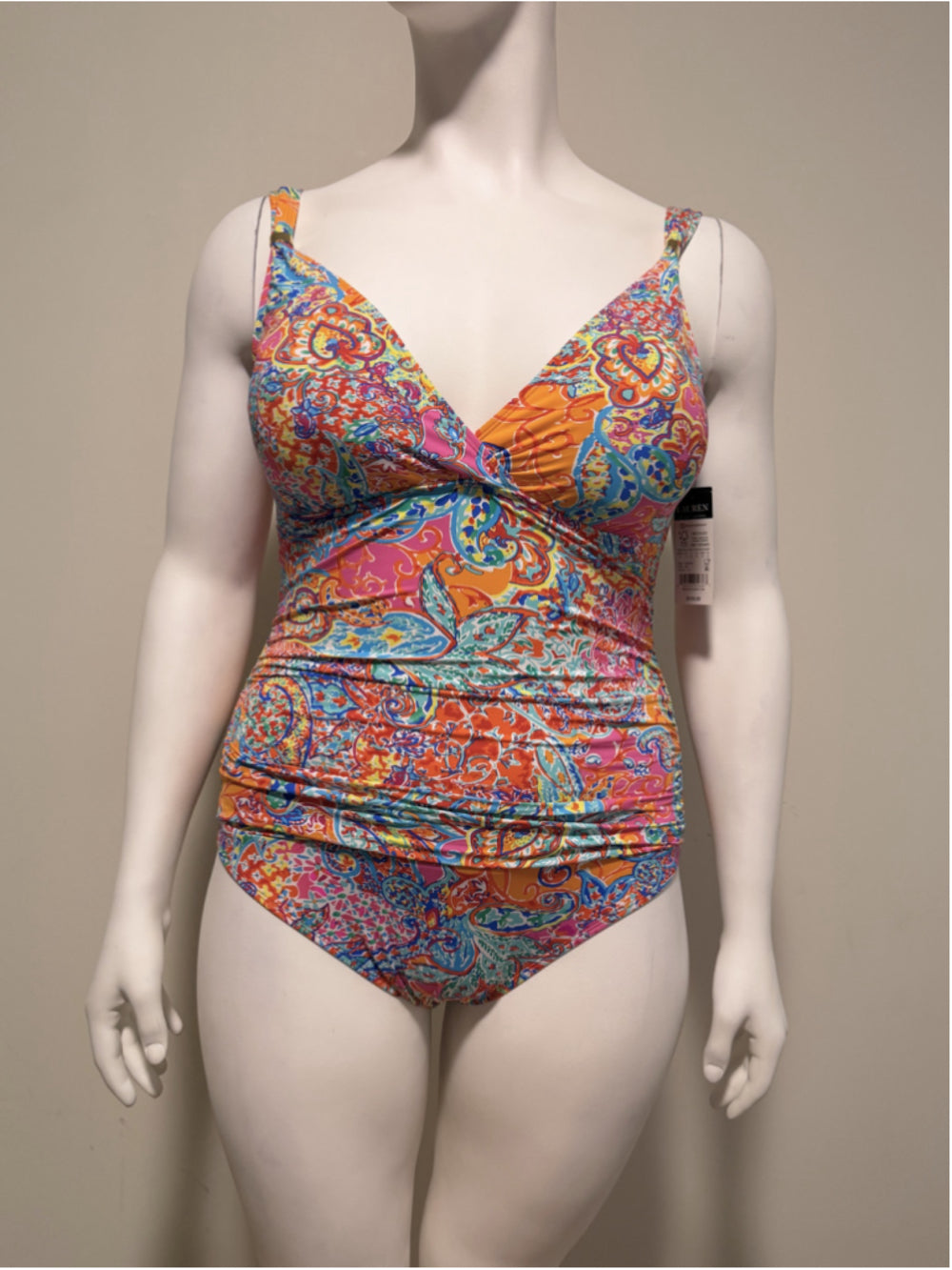 Ralph Lauren Size 12 Bold Multicolor Surplice Printed One-Piece Swimsuit NWT
