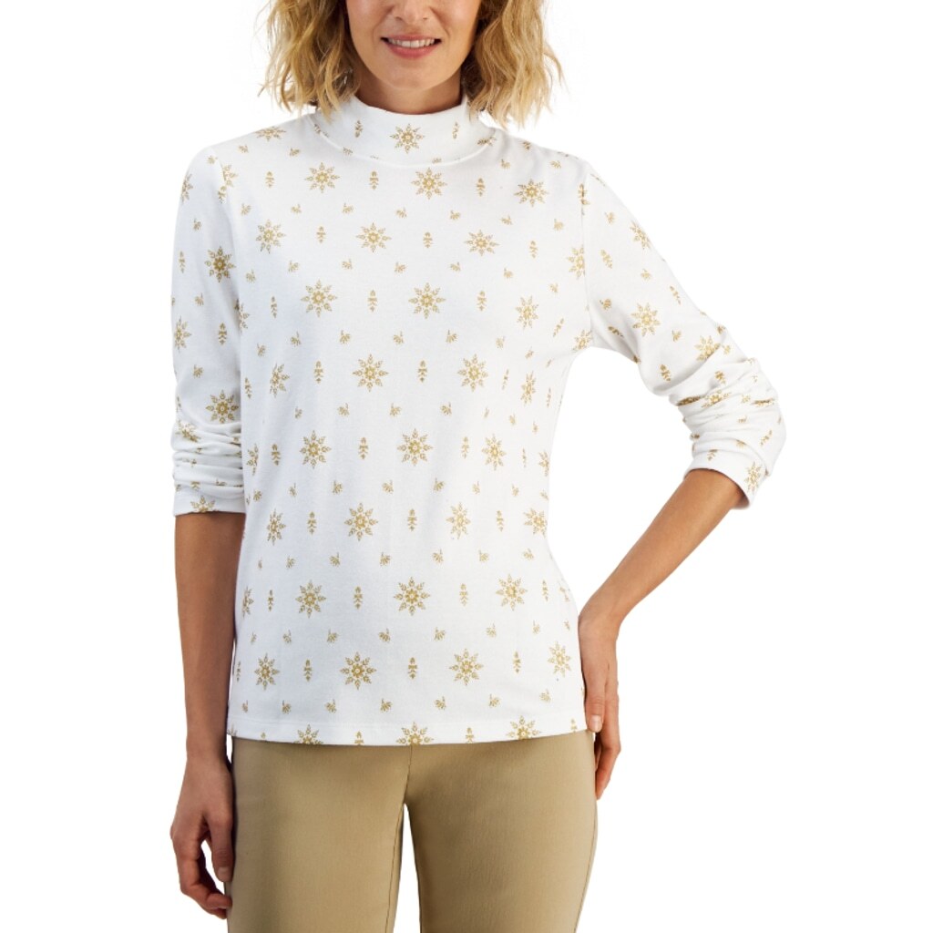 Karen Scott Small Petite Mock-Neck Gold Glitter Snowflake Long Sleeve Top NWT.