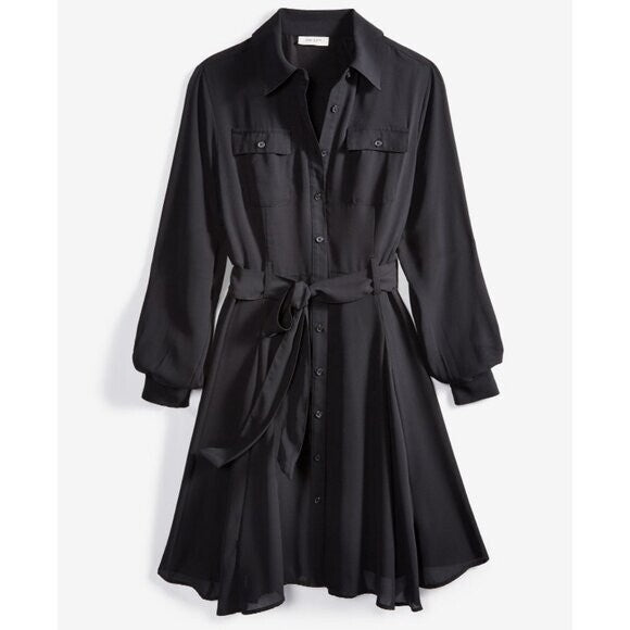 On 34th Plus Size Long-Sleeve Belted Black Shirtdress NWT