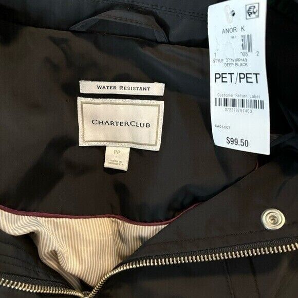 Charter Club Petite Black Hooded Anorak Rain Jacket Drawstring Waist NWT