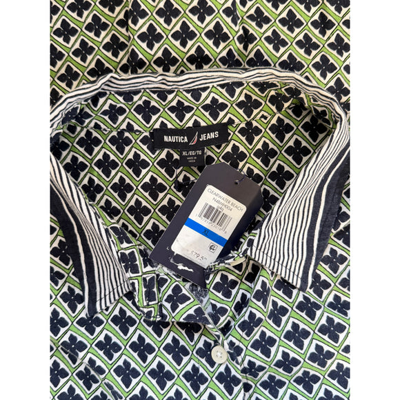 Nautica Jeans Women's XL Green & Blue Printed Button-Down Linen Tunic Top NWT