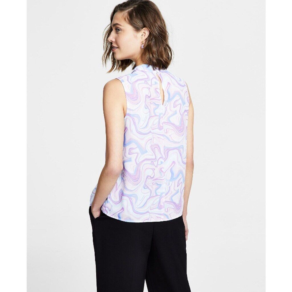 Bar III Women's XXS Purple & White Marble Print Cowl Neck Sleeveless Blouse NWT