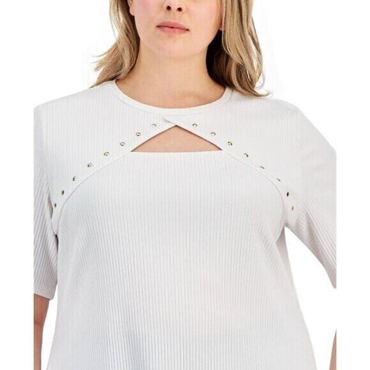 INC International Concepts Plus Size 2X White Ribbed Studded Top NWT