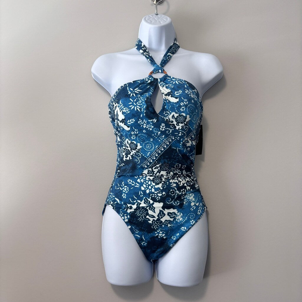 Ralph Lauren Women's 8 Designer Blue Floral Ring One-Piece Swimsuit NWT
