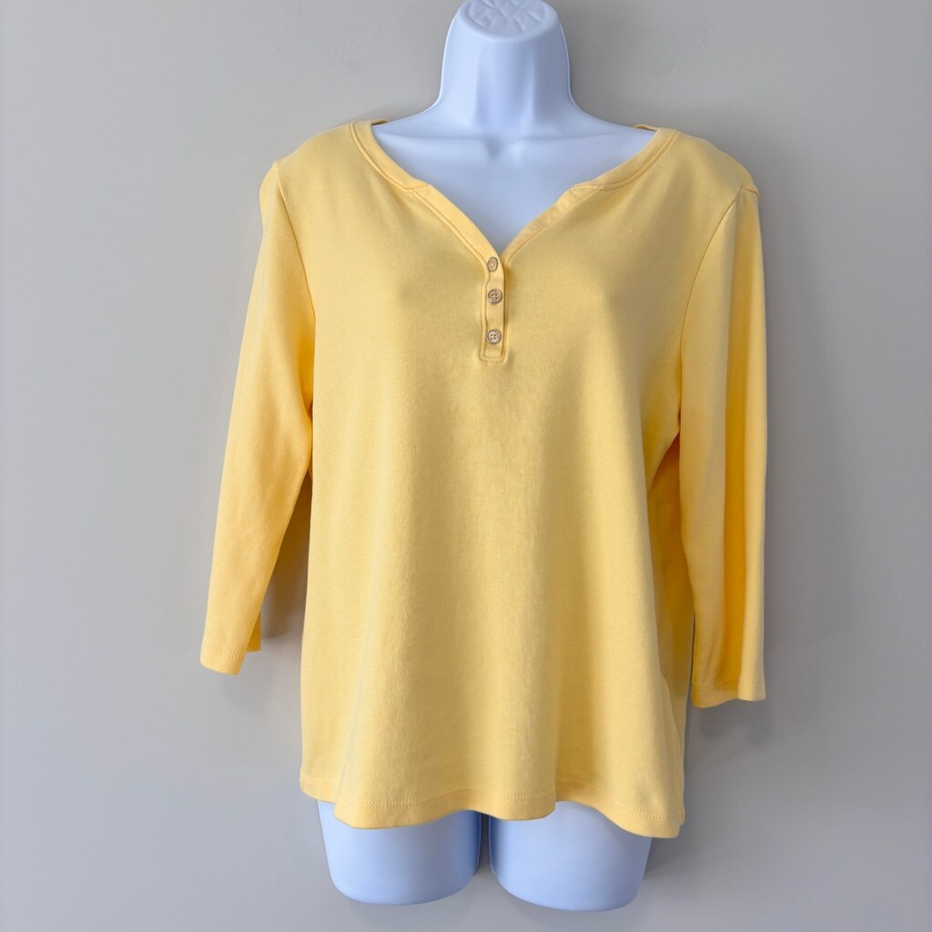 Karen Scott Women's Large Petite 100% Cotton Yellow 3/4-Sleeve Henley Shirt NWT