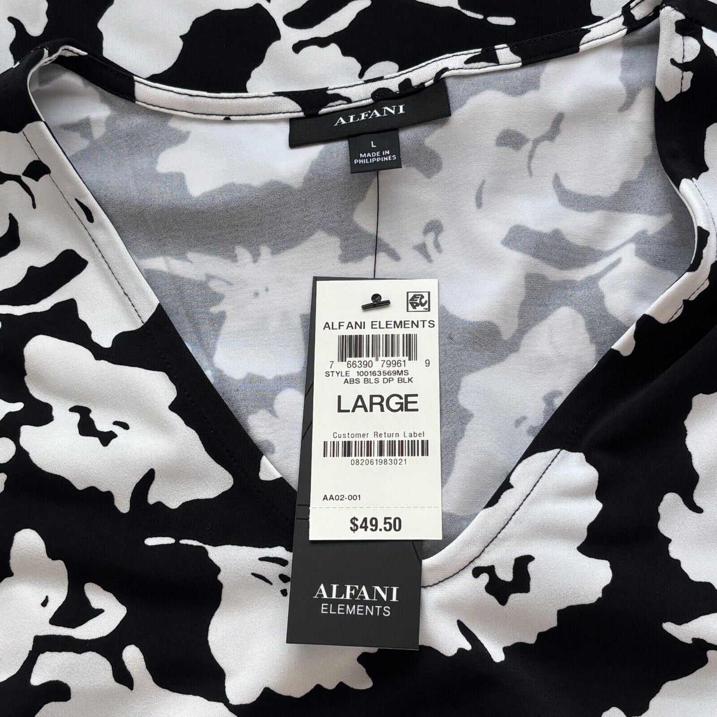 Alfani Women's Black & White Printed 3/4-Sleeve V-Neck Tunic Top NWT