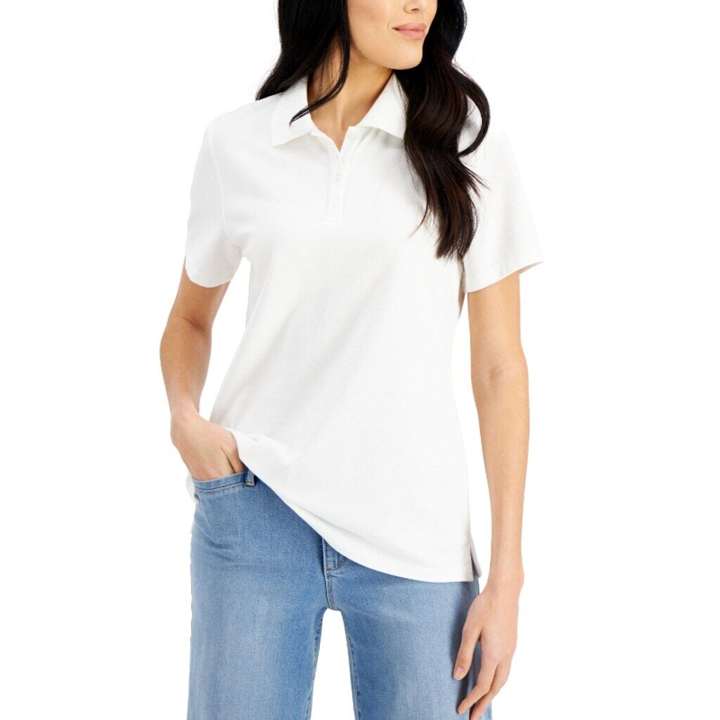 Karen Scott Petite White Knit 100% Cotton Short Sleeve Polo NWT.
