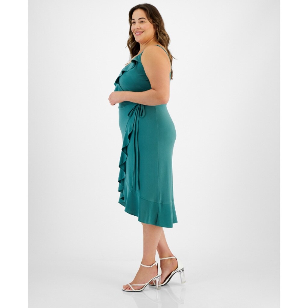 Bar III Women's Plus Size 2X Teal Ruffled Sleeveless Wrap Midi Dress NWT