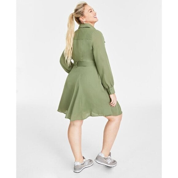 On 34th Plus Size Green Long-Sleeve Belted Shirtdress NWT