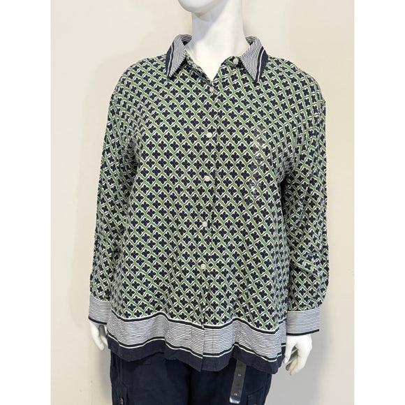 Nautica Jeans Women's XL Green & Blue Printed Button-Down Linen Tunic Top NWT