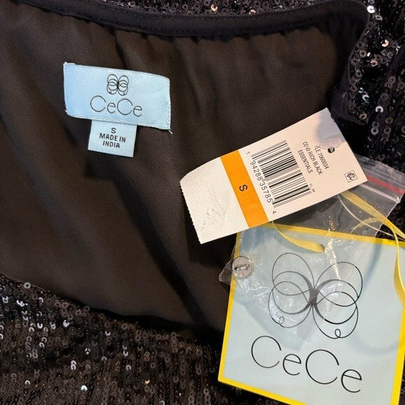 CECE Women's Black Long Sleeve Sequin Bow Detail One-Shoulder Top NWT