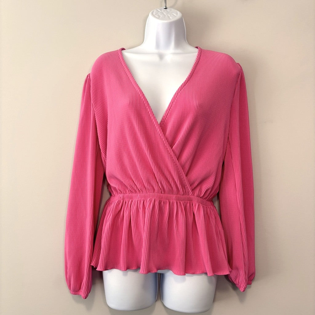 On 34th Women's Extra Small Hot Pink Crimped Surplice-Neck Peplum Top Blouse NWT