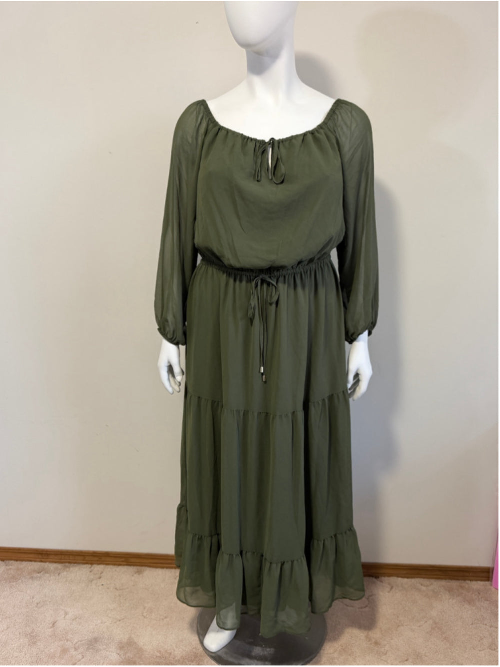 INC International Concepts Size XL Green Off-The-Shoulder Tiered Maxi Dress NWT