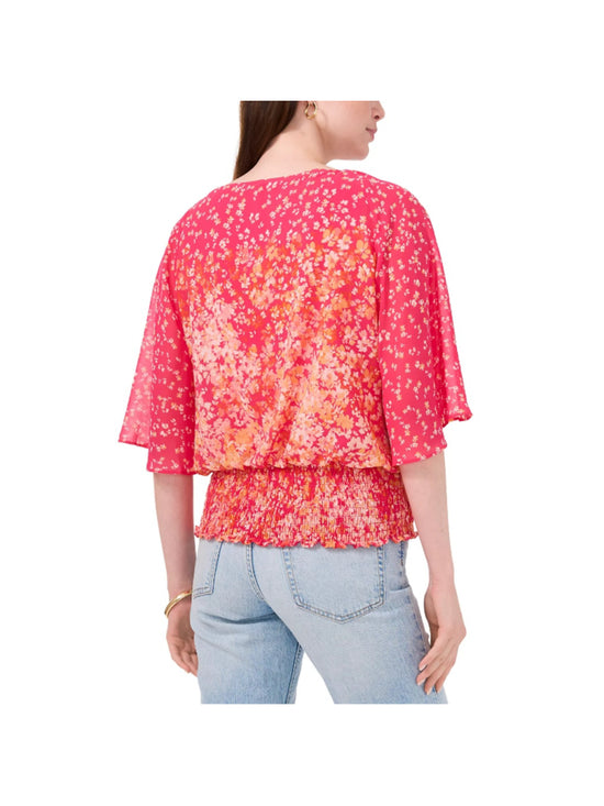 Sam & Jess Women's Petite Large Pink Floral-Print Sleeves Smocked Top NWT
