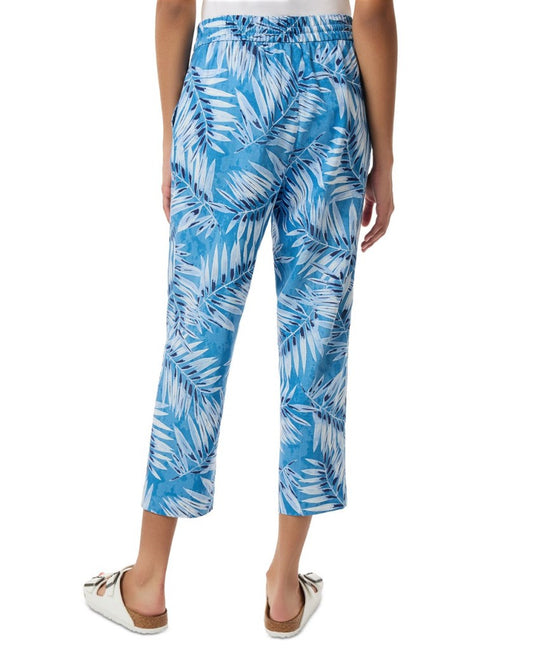 Jones New York Size Large Blue Tropical Leaf Drawstring Waist Linen Pants NWT