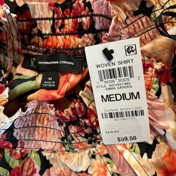 INC International Concepts Floral Printed Smocked-Waist Keyhole Top NWT