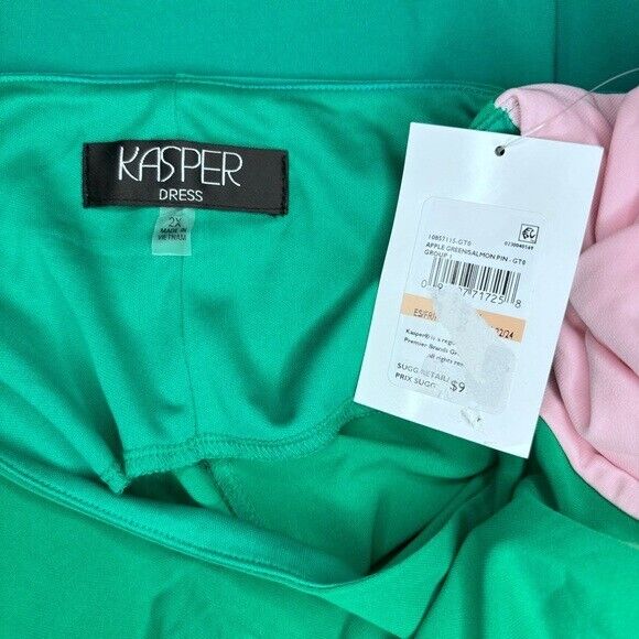 KASPER Plus Size Long-Sleeve Ruched Green & Pink Colorblocked Sheath Dress NWT