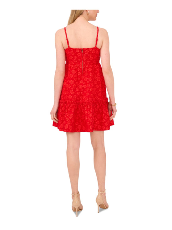 CeCe Women's XS Red Floral Textured Babydoll Square-Neck Midi Dress NWT