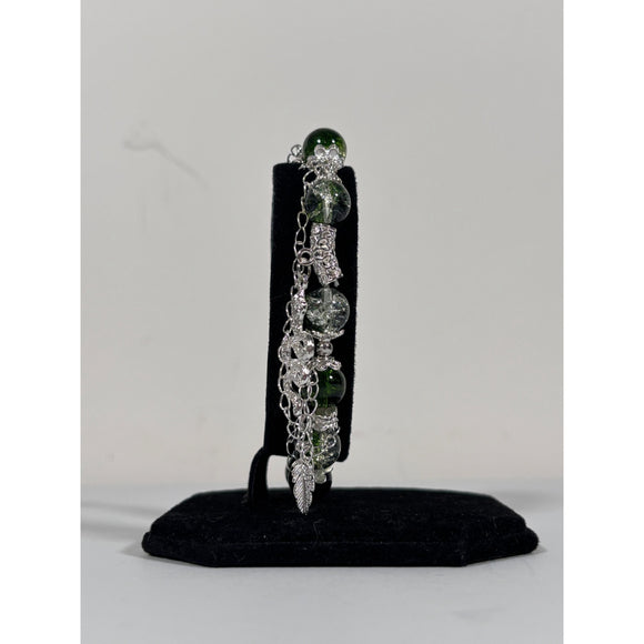 Green Crackle Glass Snake Beaded Charm Bracelet Silver Tone & Stretchy NWT