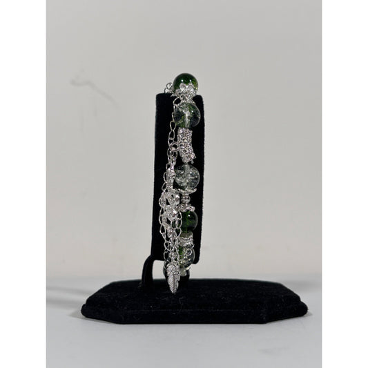 Green Crackle Glass Snake Beaded Charm Bracelet Silver Tone & Stretchy NWT
