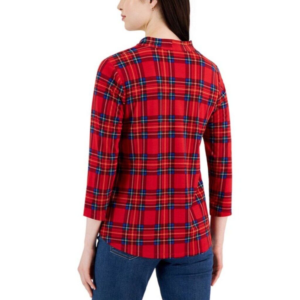 Charter Club Women's Red Traditional Plaid Pleated V-Neck Top NWT