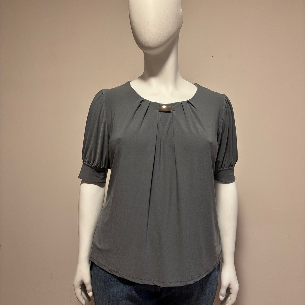 NY Collection Women's Petite Large Charcoal Grey Pleated Blouse NWT