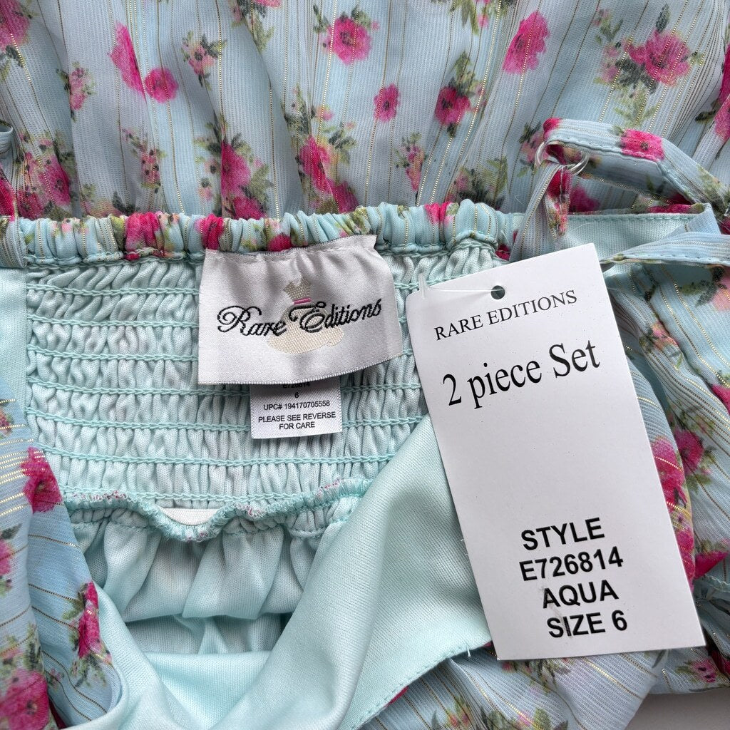 Rare Editions Girls Size 6 Blue Chiffon Floral Dress w/ Gold Detailing NWT