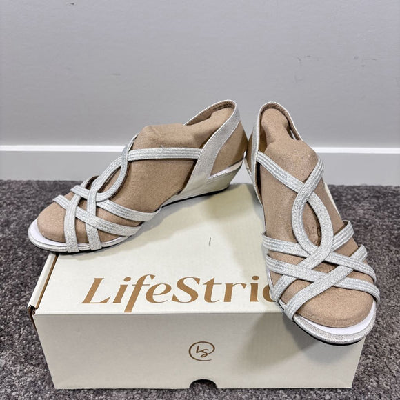Life Stride Women's 6.5 & 7 Silver Sparkle Strappy Wedge Sandals NIB