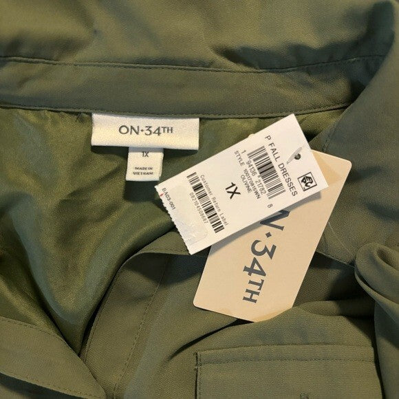 On 34th Plus Size Green Long-Sleeve Belted Shirtdress NWT