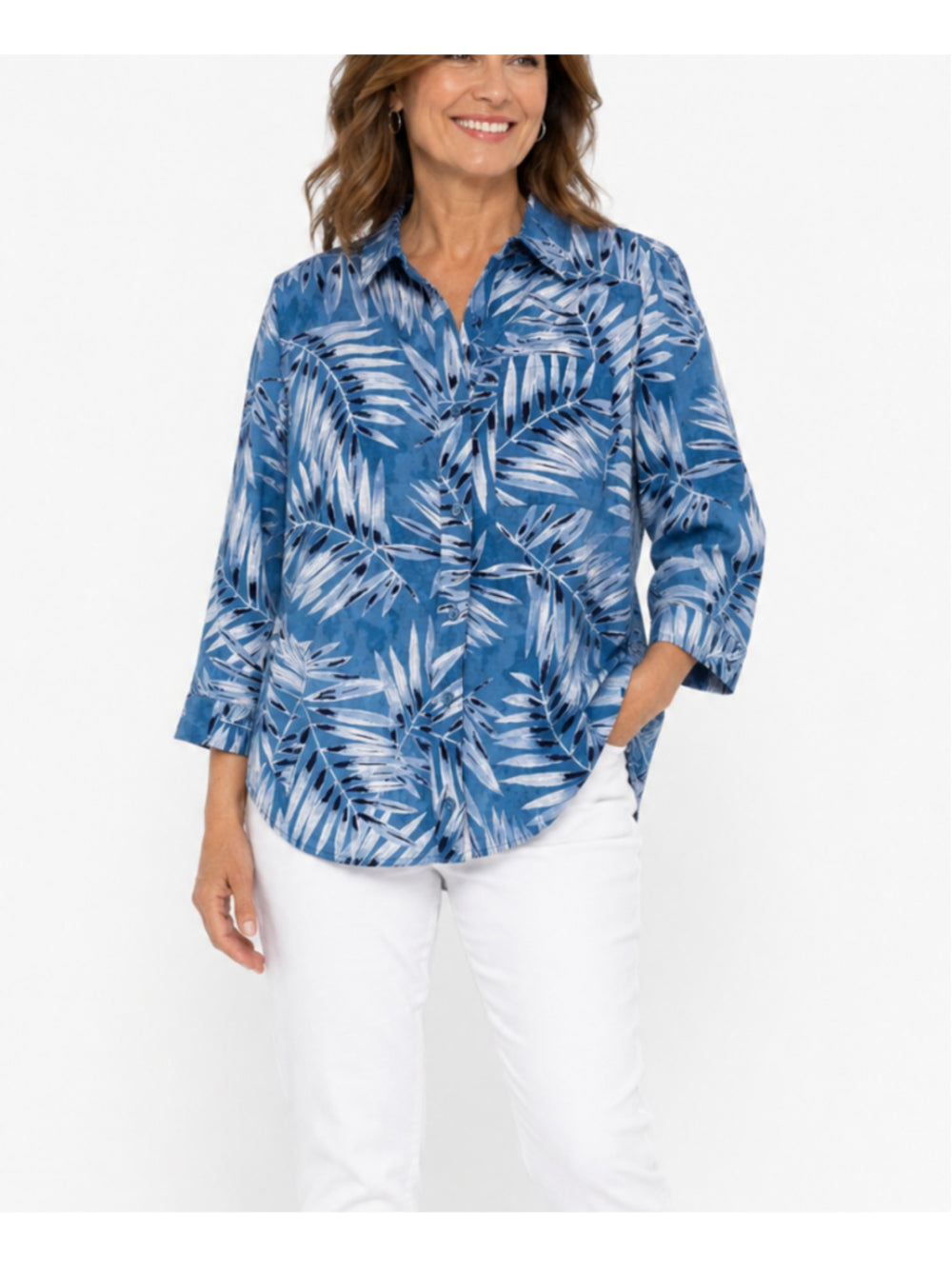 Jones New York Small Button Down Blue Tropical Printed Linen Blend Blouse NWT