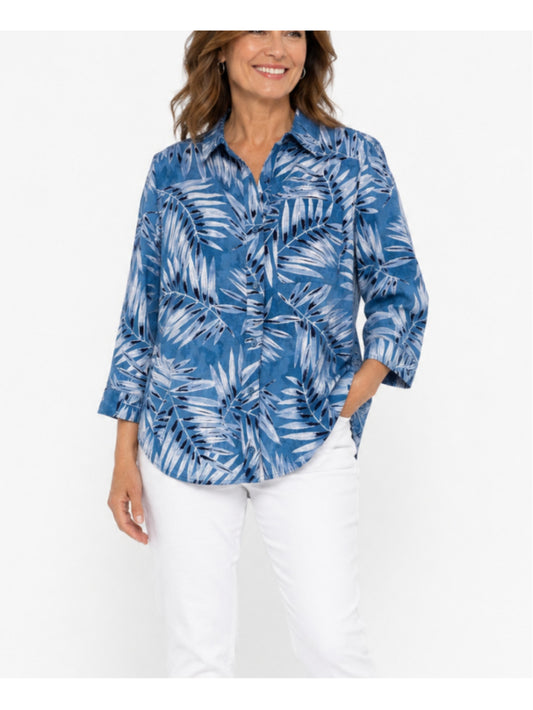 Jones New York Small Button Down Blue Tropical Printed Linen Blend Blouse NWT