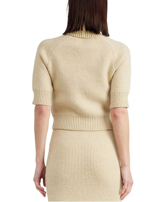 En Saison Women's Large Beige Turtleneck Sweater with Red Bow, Short NWT