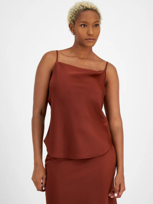 Bar III Size Large Bronze Satin Cowlneck Lined Spaghetti Strap Camisole Top NWT