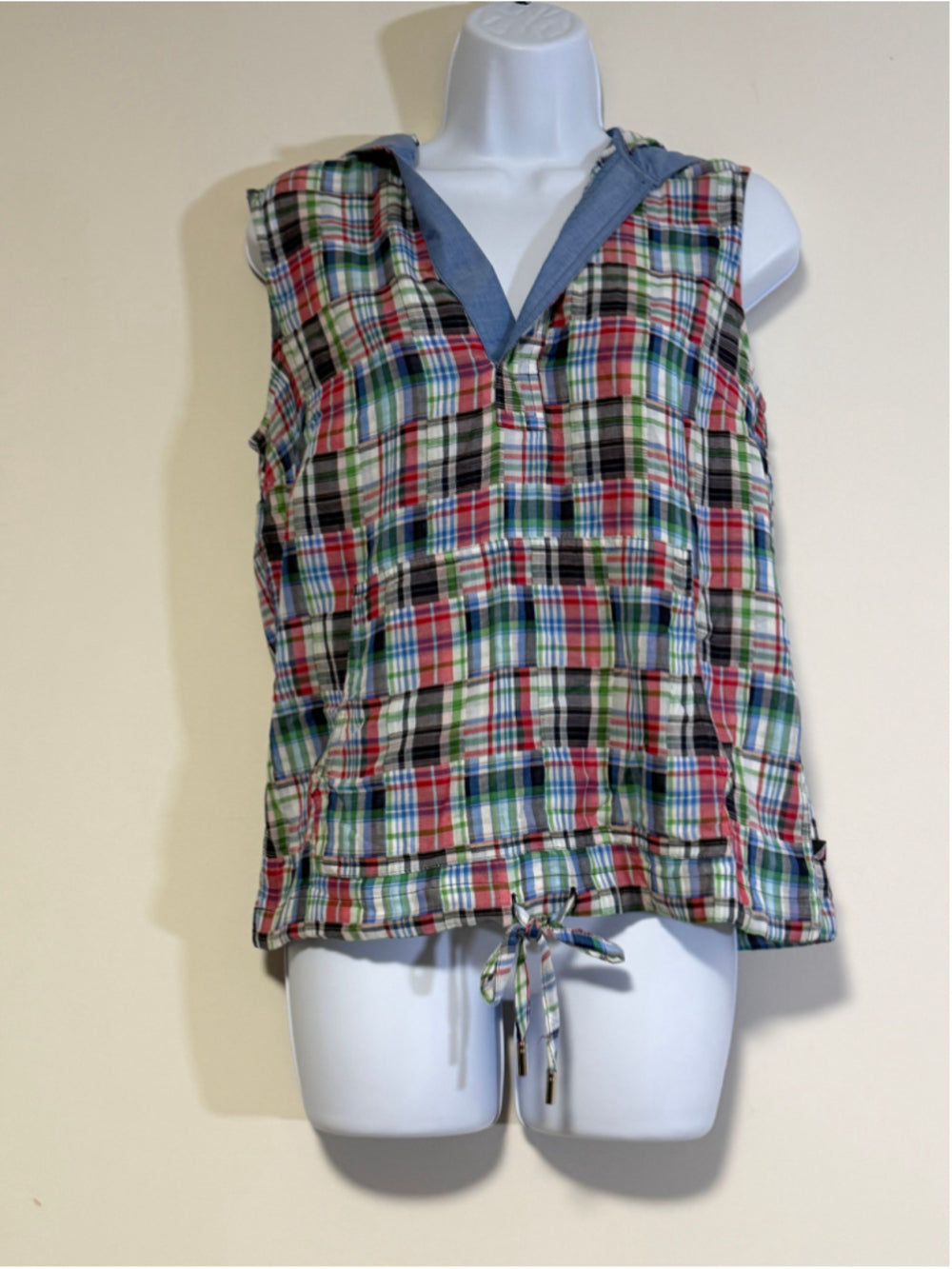 Nautica Jeans Size Extra Small Patchwork Plaid Cotton Sleeveless Hooded Top NWT