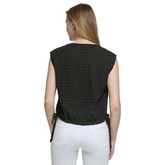 CALVIN KLEIN Women's Black Side-Tie Pintuck Round-Neck Top NWT