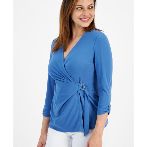 Jones New York Women's Petite Light Blue D-Ring 3/4-Sleeve Top NWT