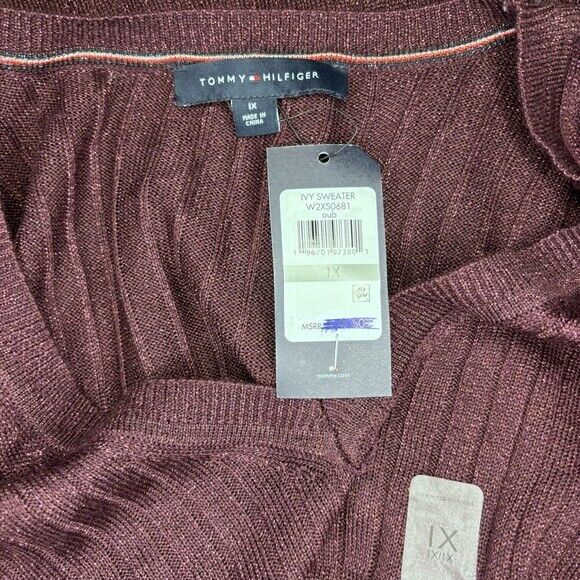 TOMMY HILFIGER Plus Size 1X Burgandy Ribbed Metallic-Threaded Sweater NWT