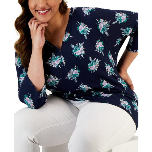 Karen Scott Women's Plus Size 0X Blue Floral-Print 3/4 Sleeve Henley Top NWT