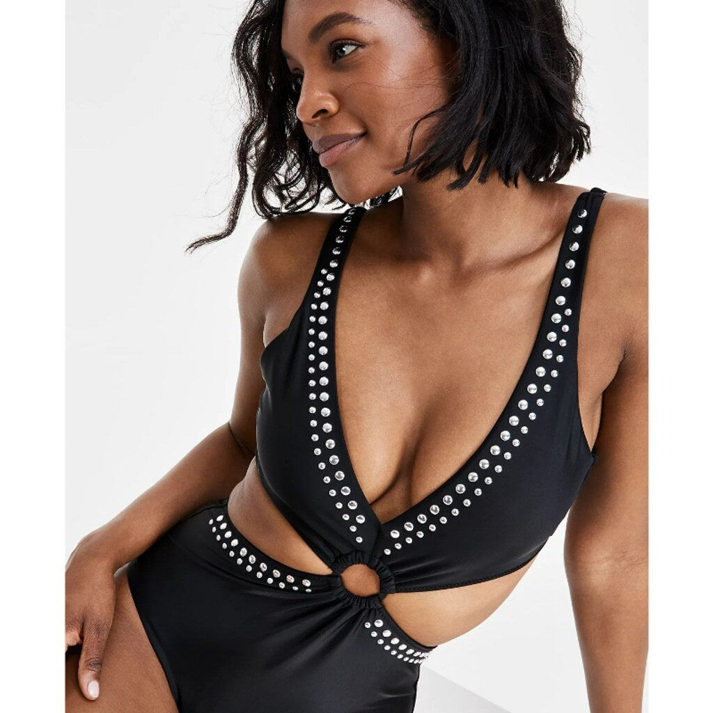 Bar III Women's Medium Black & Silver Stud Plunge One-Piece Swimsuit NWT
