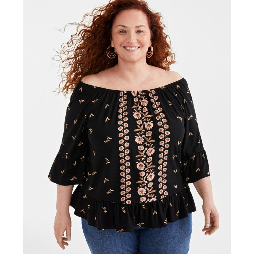 Style & Co Plus Size Black Floral Peasant Blouse, 3/4-Sleeve Top NWT